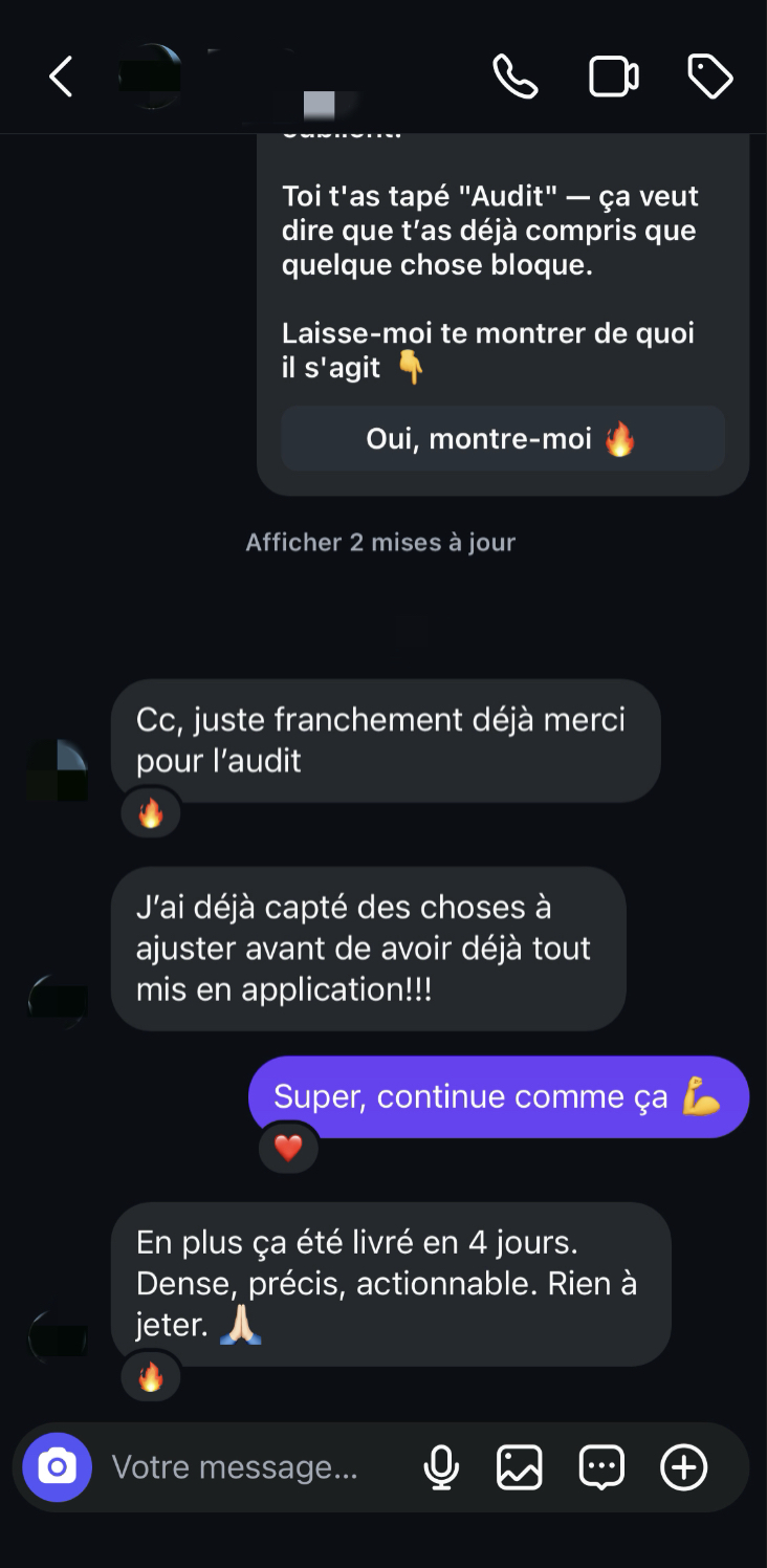 Retour client : Dense, précis, actionnable. Livré en 4 jours.