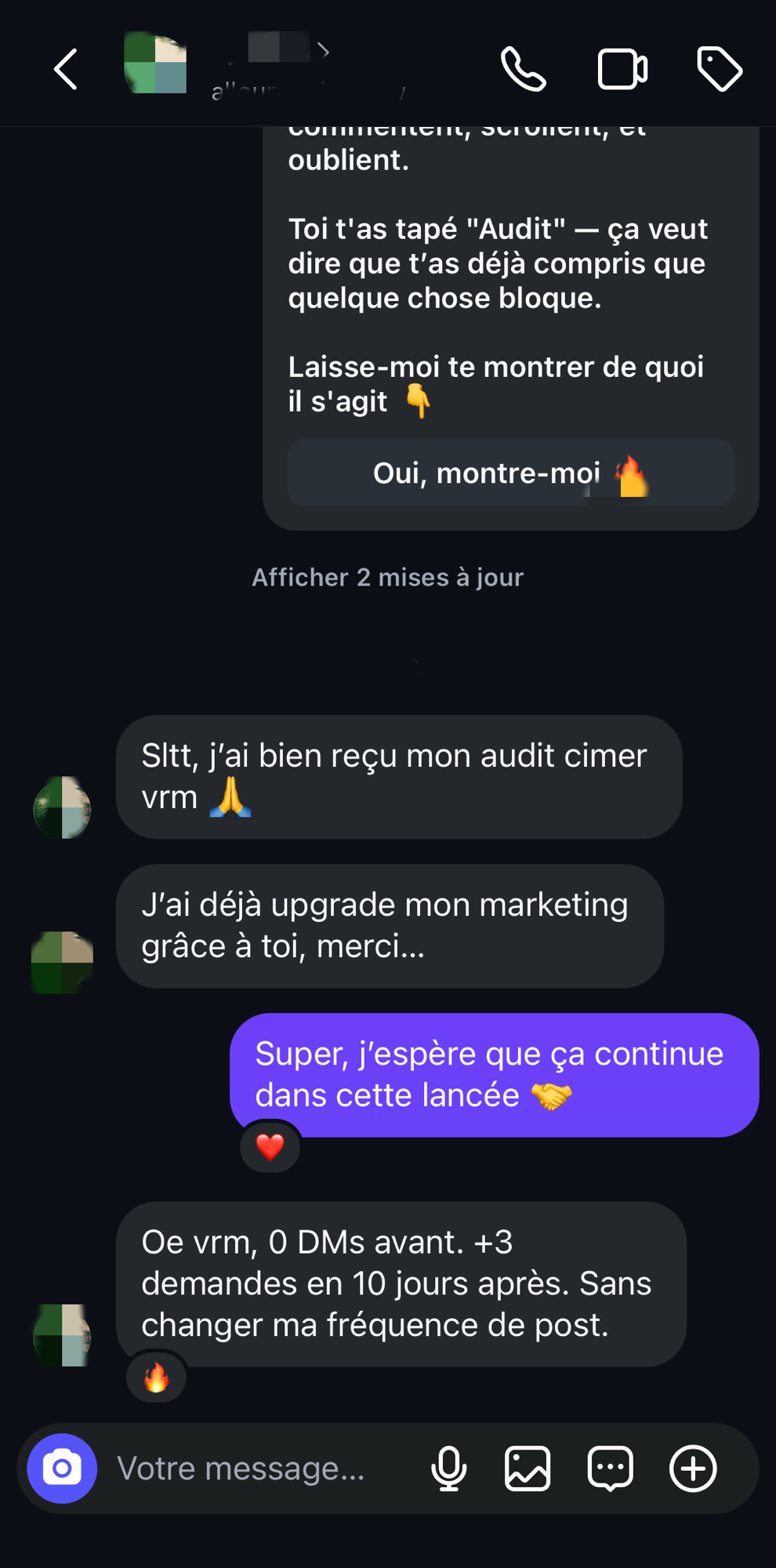 Retour client : 0 DMs avant. +3 demandes en 10 jours après.